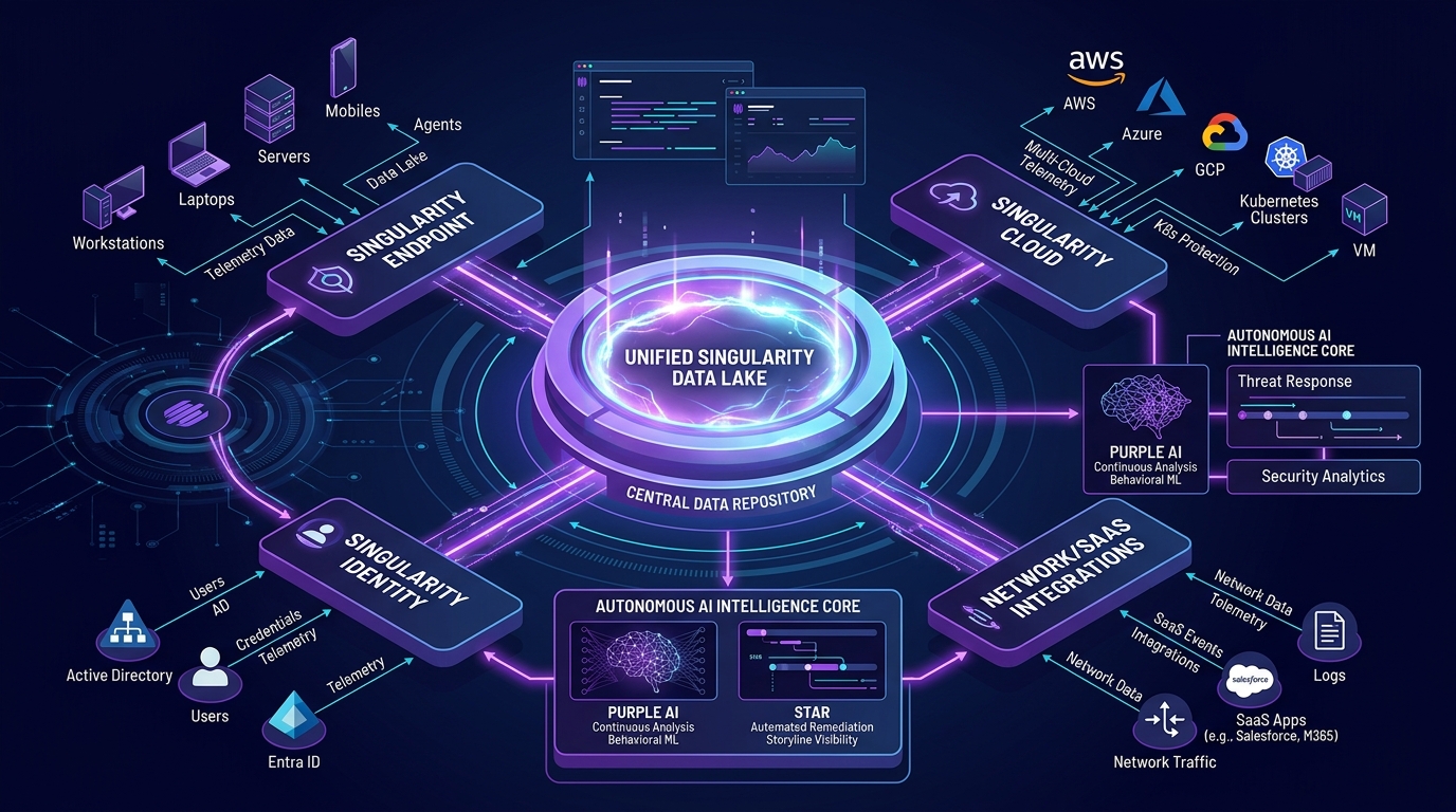 SentinelOne Singularity Unified Data Lake Architecture showing multi-cloud, endpoint, identity, and SaaS ingestion