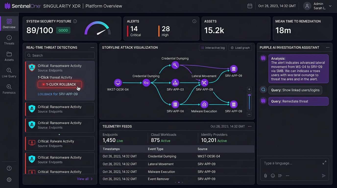 SentinelOne Singularity XDR console displaying live Storyline attack graph, Purple AI investigation assistant, and 1-Click Rollback controls