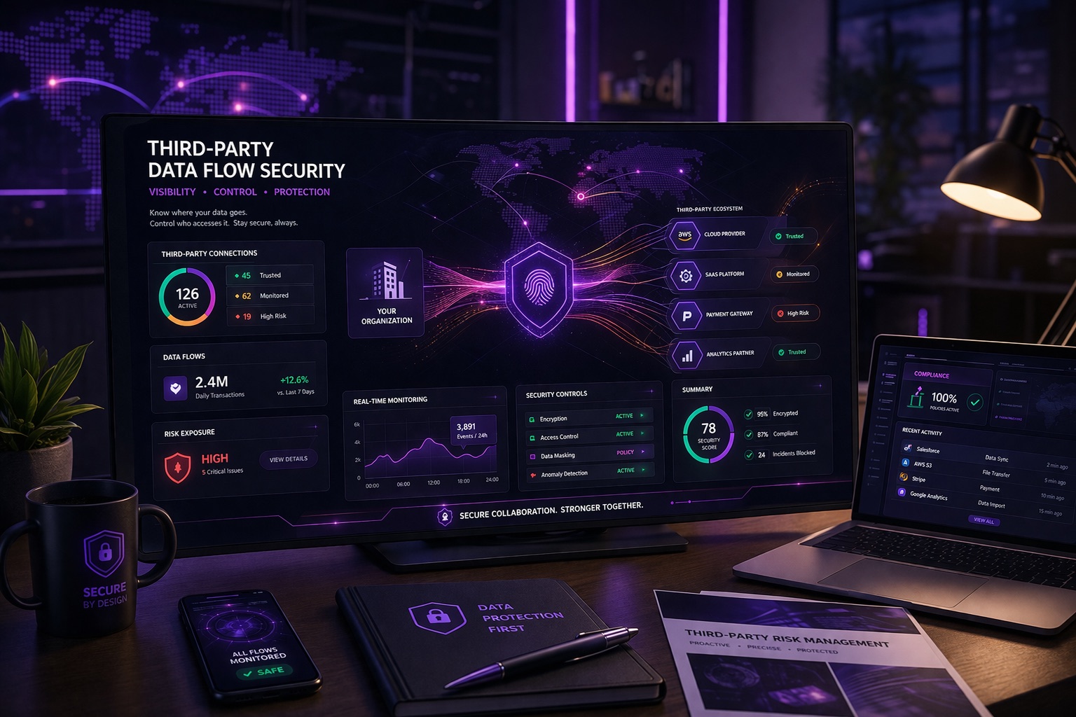 Third-party data flow security dashboard showing live connections, risk exposure, and compliance score